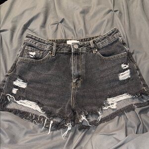 Distressed Black Denim Shorts